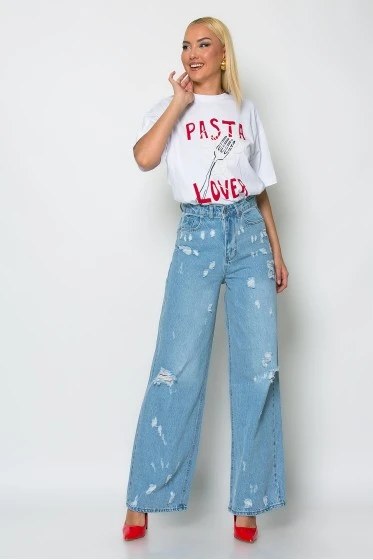 Jean wide leg με φθορές μπλε ανοιχτό