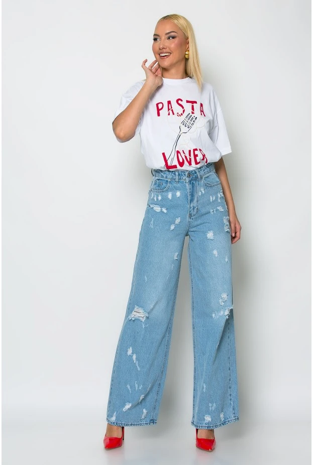 Jean wide leg με φθορές μπλε ανοιχτό