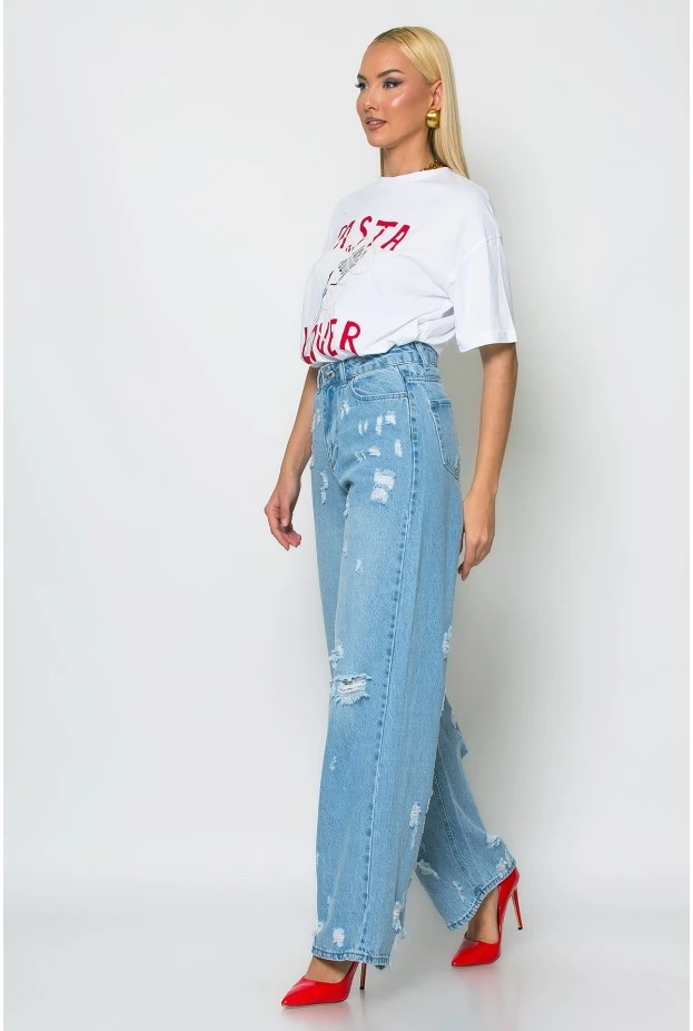 Jean wide leg με φθορές μπλε ανοιχτό