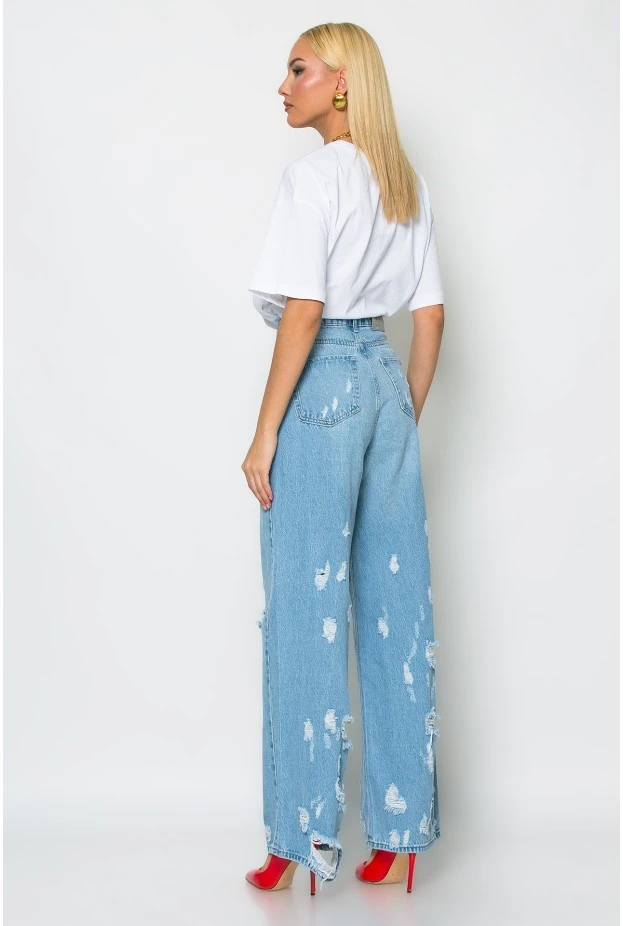 Jean wide leg με φθορές μπλε ανοιχτό