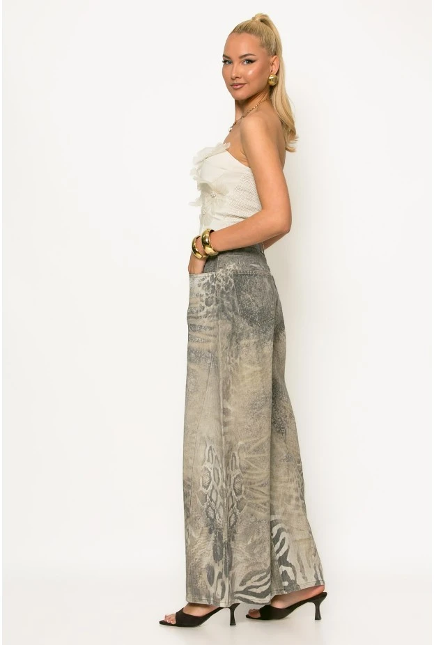 Jean loose fit animal print μπεζ