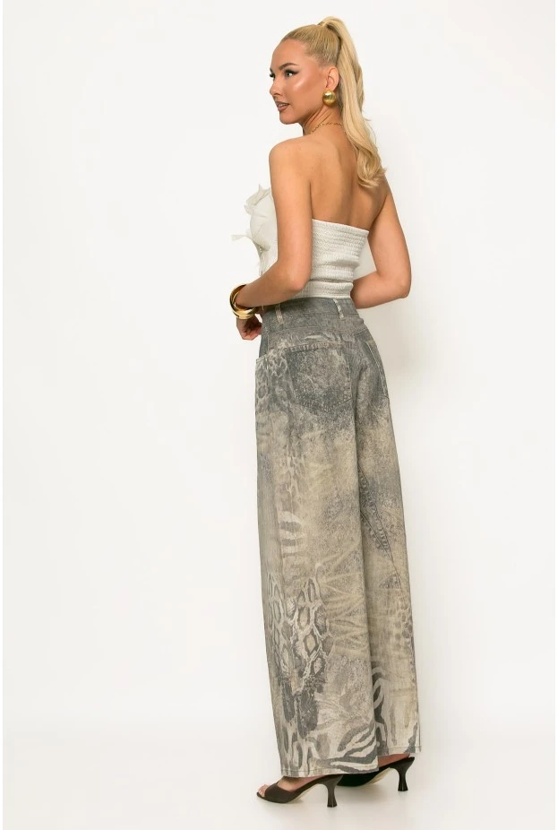 Jean loose fit animal print μπεζ