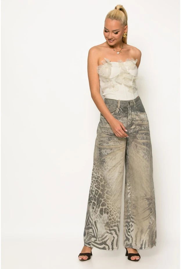 Jean loose fit animal print μπεζ
