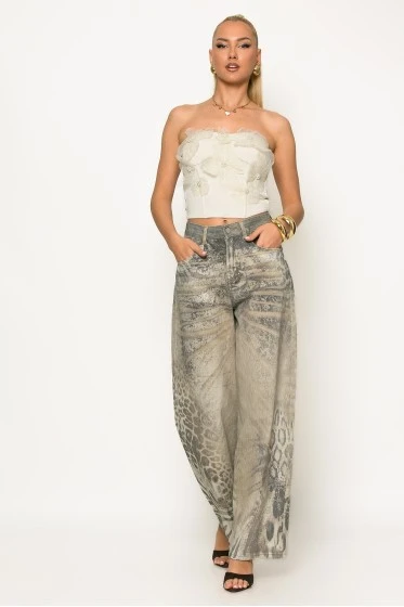 Jean loose fit animal print μπεζ