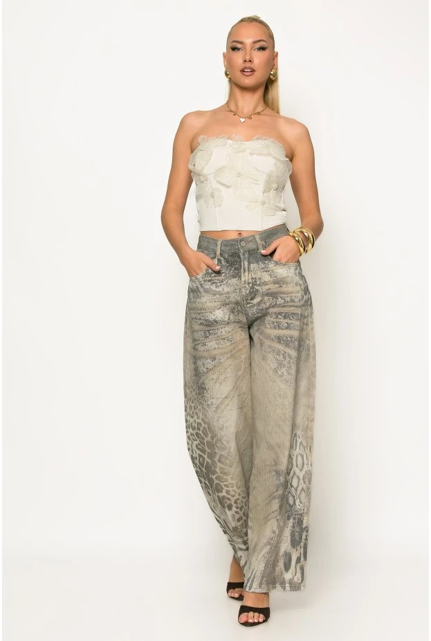 Jean loose fit animal print μπεζ