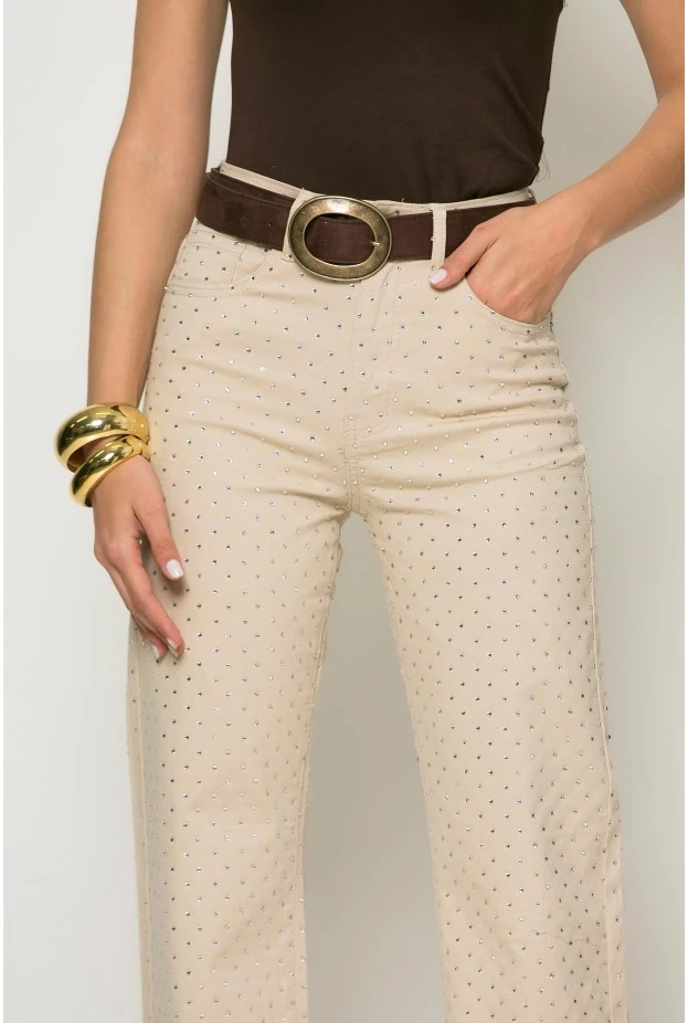 Jean straight leg με στρας μπεζ