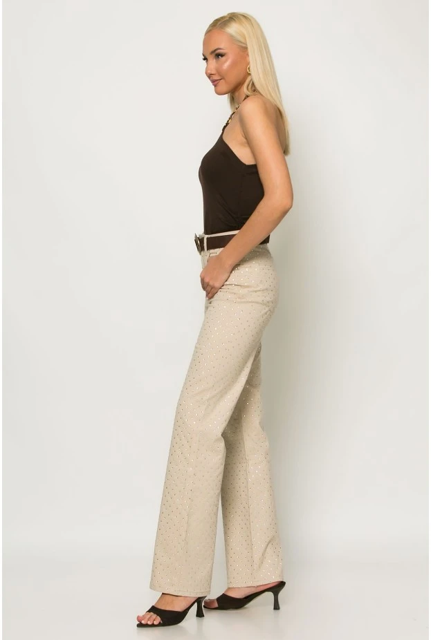 Jean straight leg με στρας μπεζ