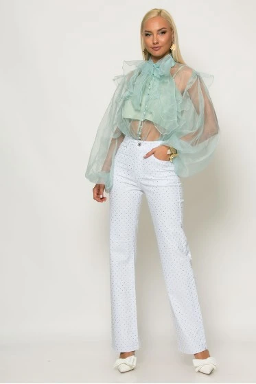 Jean straight leg με στρας λευκό