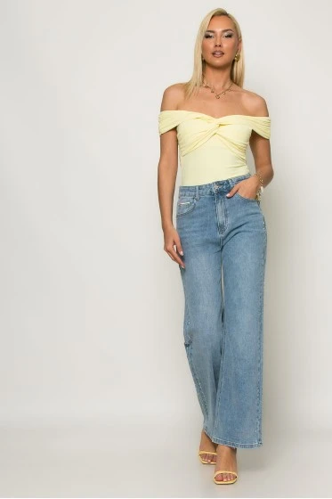 Jean straight leg με στρας στο πλάι μπλε