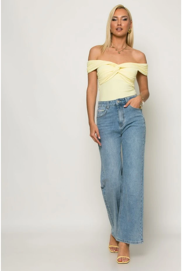 Jean straight leg με στρας στο πλάι μπλε