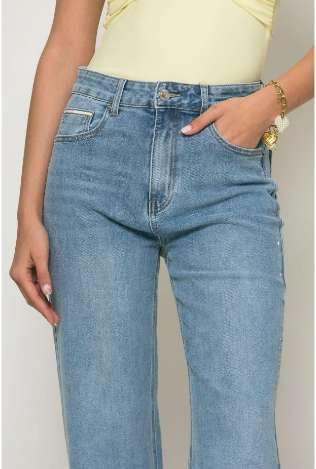 Jean straight leg με στρας στο πλάι μπλε