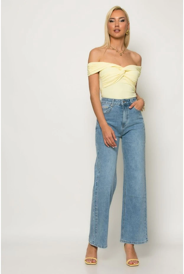 Jean straight leg με στρας στο πλάι μπλε