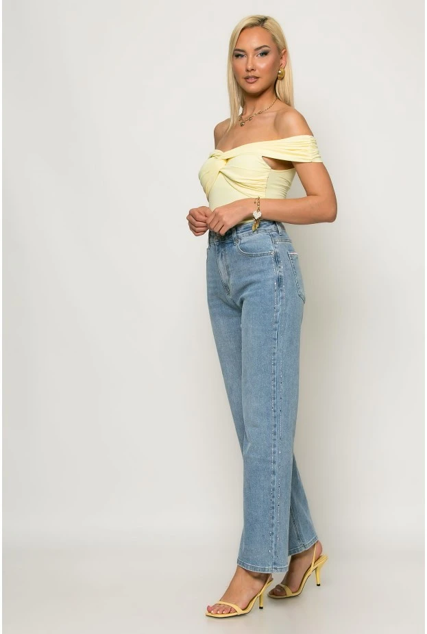 Jean straight leg με στρας στο πλάι μπλε