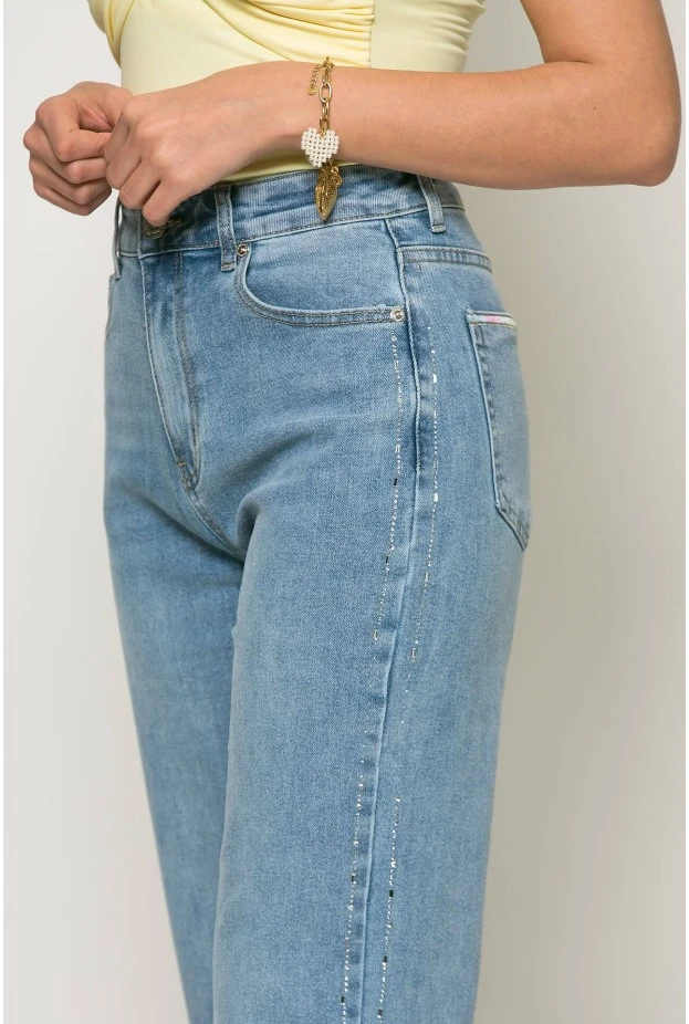 Jean straight leg με στρας στο πλάι μπλε