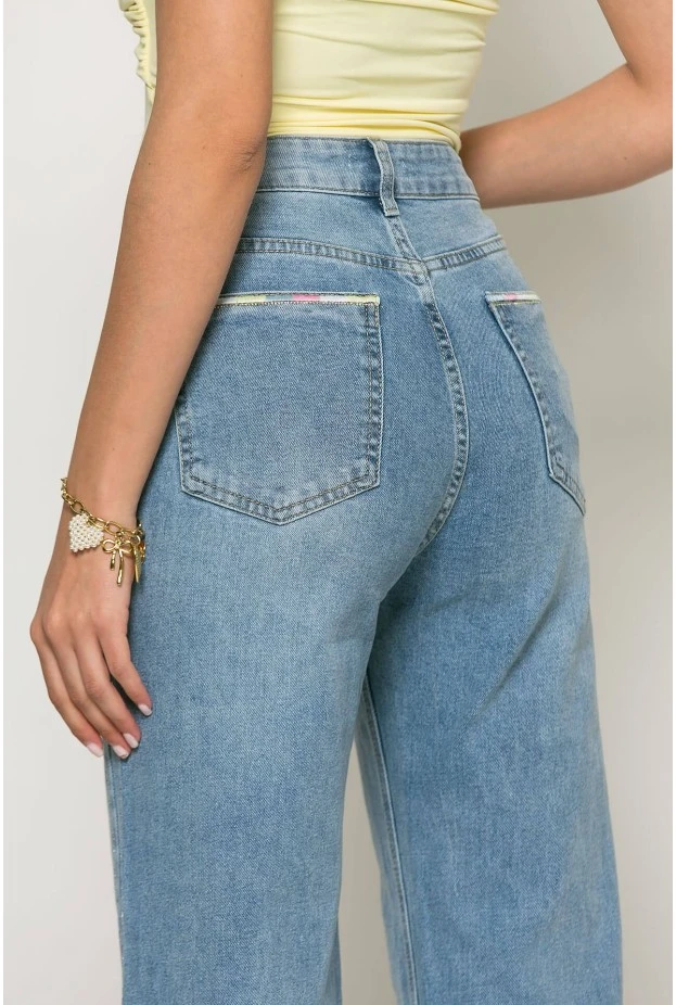 Jean straight leg με στρας στο πλάι μπλε