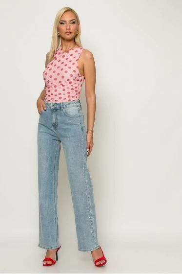 Jean straight leg με στρας στο πλάι μπλε