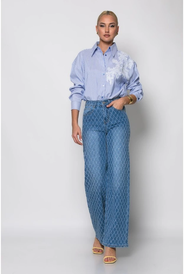 Jean straight leg με σχέδιο ρόμβους και στρας μπλε