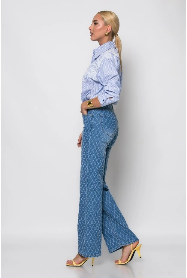 Jean straight leg με σχέδιο ρόμβους και στρας μπλε