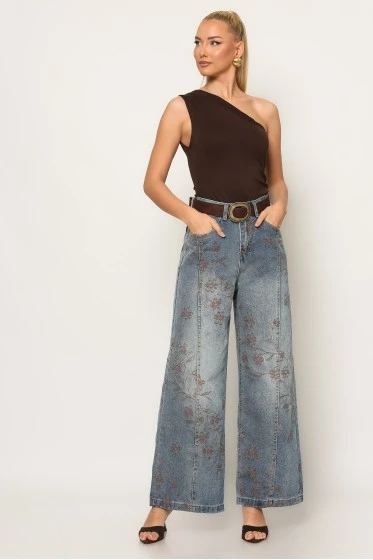 Jean wide leg με κεντητά flower σχέδια μπλε