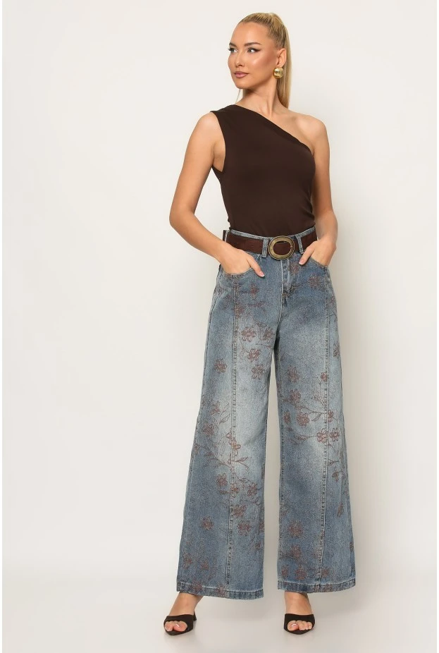 Jean wide leg με κεντητά flower σχέδια μπλε