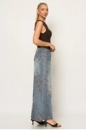 Jean wide leg με κεντητά flower σχέδια μπλε