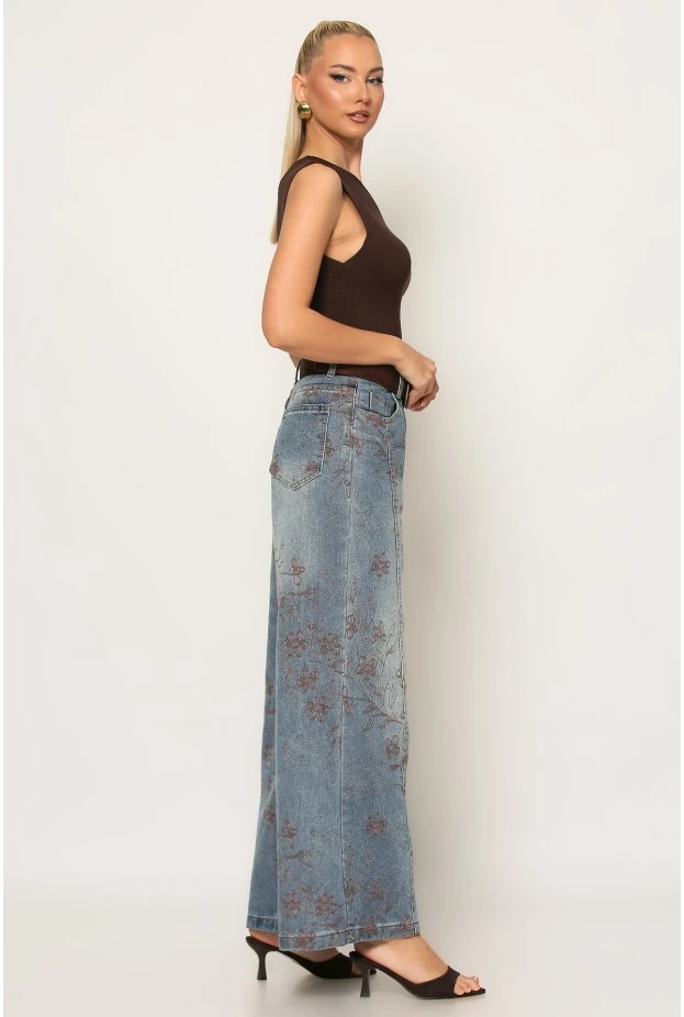 Jean wide leg με κεντητά flower σχέδια μπλε