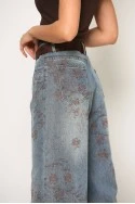 Jean wide leg με κεντητά flower σχέδια μπλε