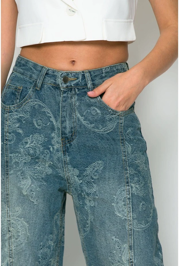 Jean wide leg με κέντημα λαχούρι μπλε