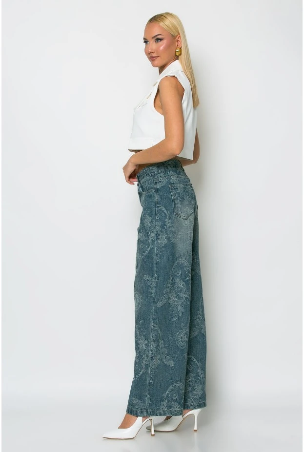 Jean wide leg με κέντημα λαχούρι μπλε