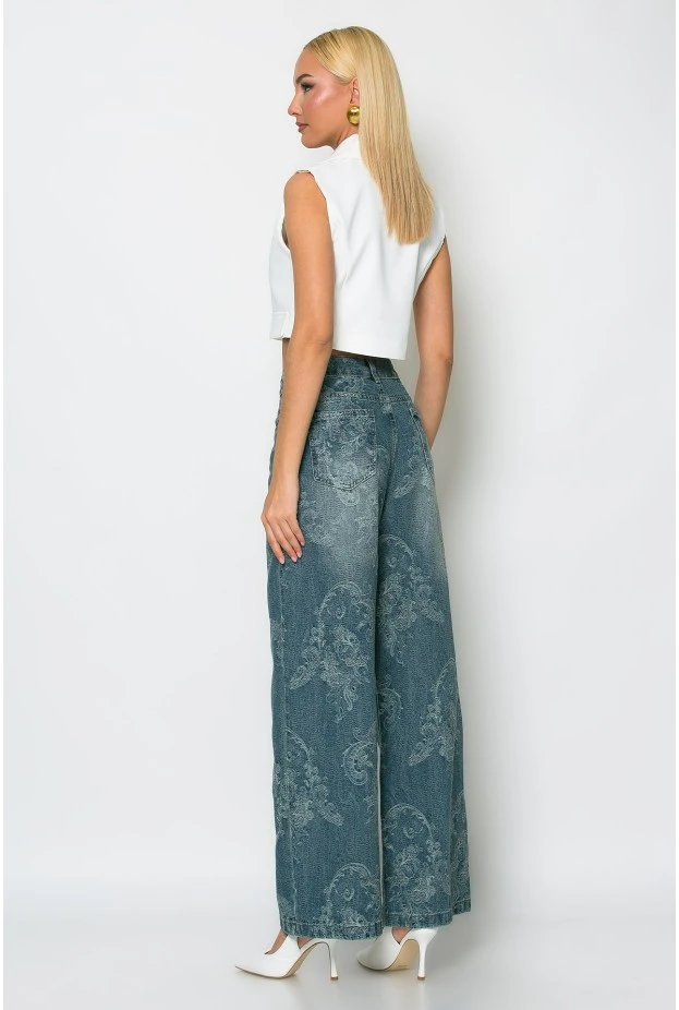 Jean wide leg με κέντημα λαχούρι μπλε