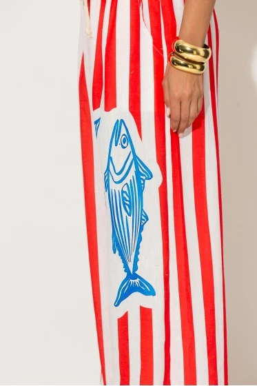 Παντελόνα ριγέ με print fish κόκκινο