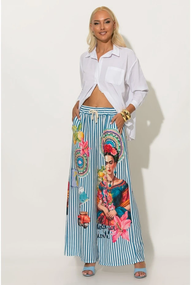 Παντελόνα ριγέ με print frida σιέλ