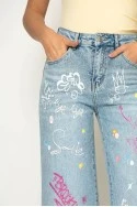 Jean straight leg με graffiti σχέδια και strass μπλε