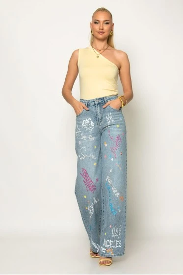 Jean straight leg με graffiti σχέδια και strass μπλε