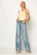 Jean straight leg με graffiti σχέδια και strass μπλε