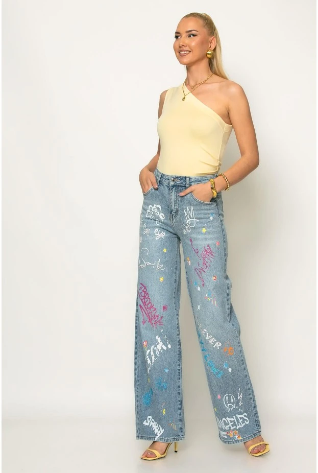 Jean straight leg με graffiti σχέδια και strass μπλε