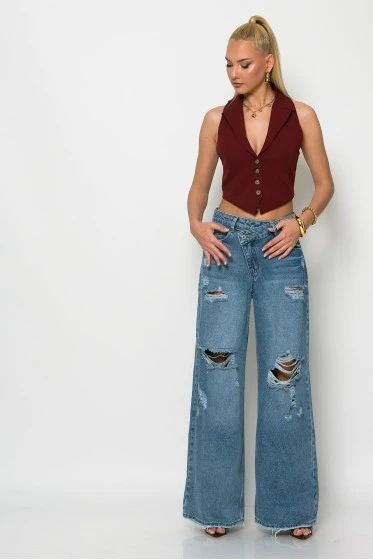 Jean wide leg loose fit με φθορές και ασύμμετρο κούμπωμα μπλε