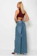 Jean wide leg loose fit με φθορές και ασύμμετρο κούμπωμα μπλε