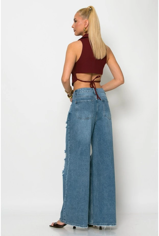 Jean wide leg loose fit με φθορές και ασύμμετρο κούμπωμα μπλε