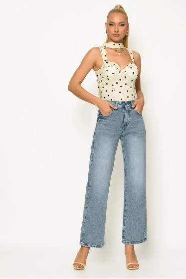 Jean straight leg με τσέπη απο strass μπλε