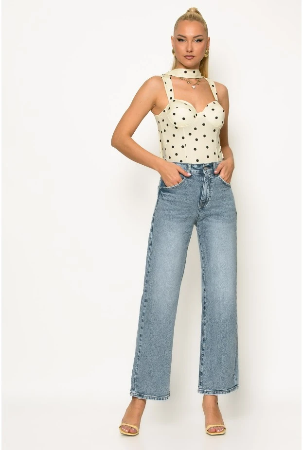 Jean straight leg με τσέπη απο strass μπλε