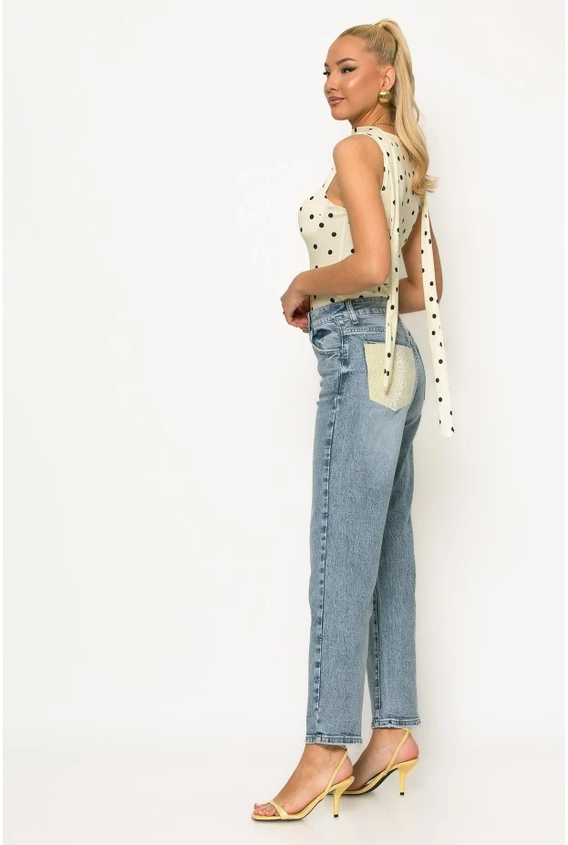 Jean straight leg με τσέπη απο strass μπλε