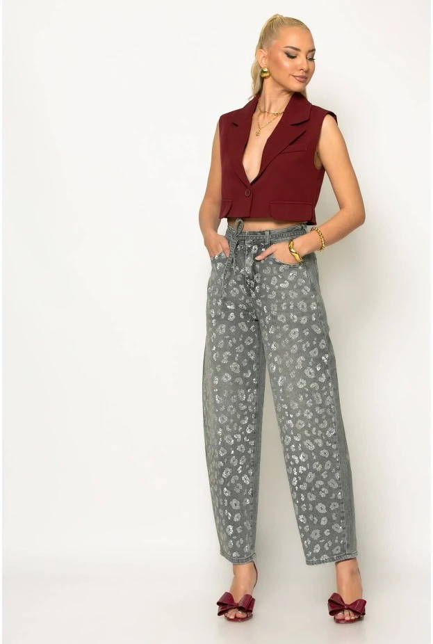 Jean balloon με strass animal print και ζωνάκι στην μέση γκρι