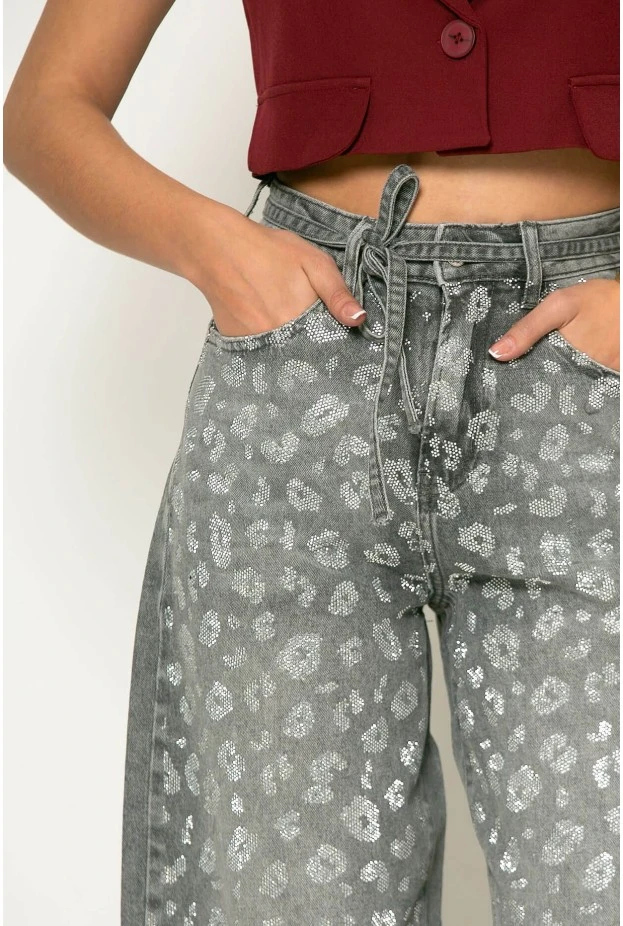 Jean balloon με strass animal print και ζωνάκι στην μέση γκρι