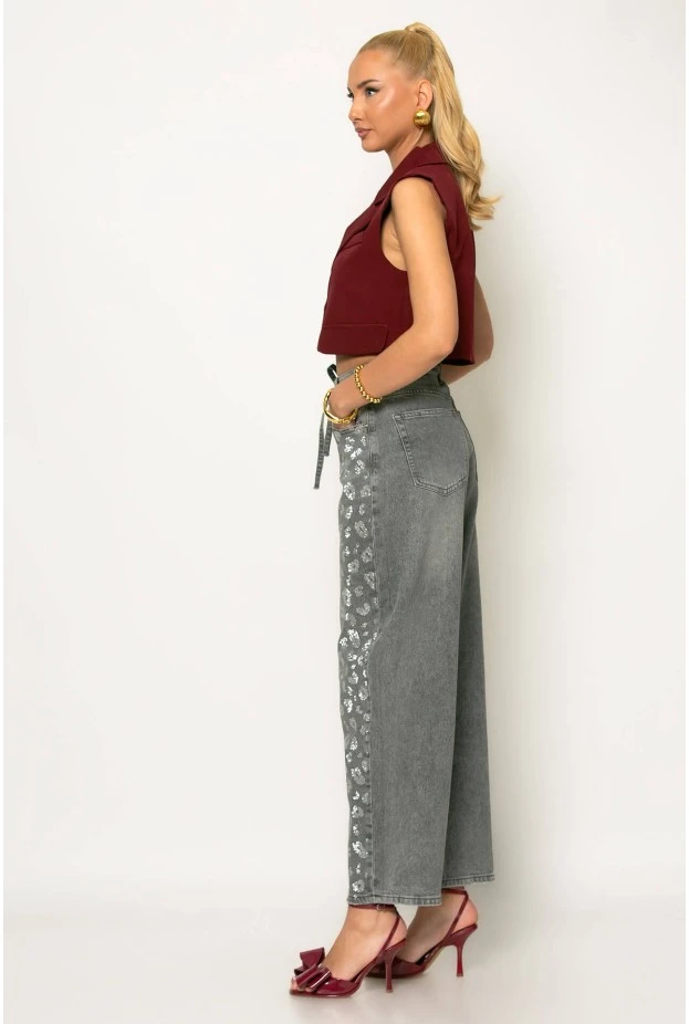 Jean balloon με strass animal print και ζωνάκι στην μέση γκρι