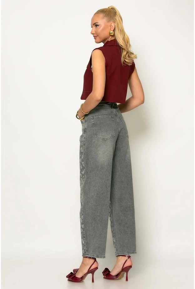 Jean balloon με strass animal print και ζωνάκι στην μέση γκρι