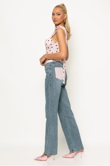 Jean straight leg με τσέπη απο strass μπλε