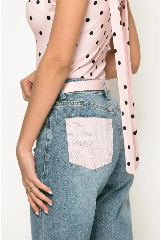 Jean straight leg με τσέπη απο strass μπλε