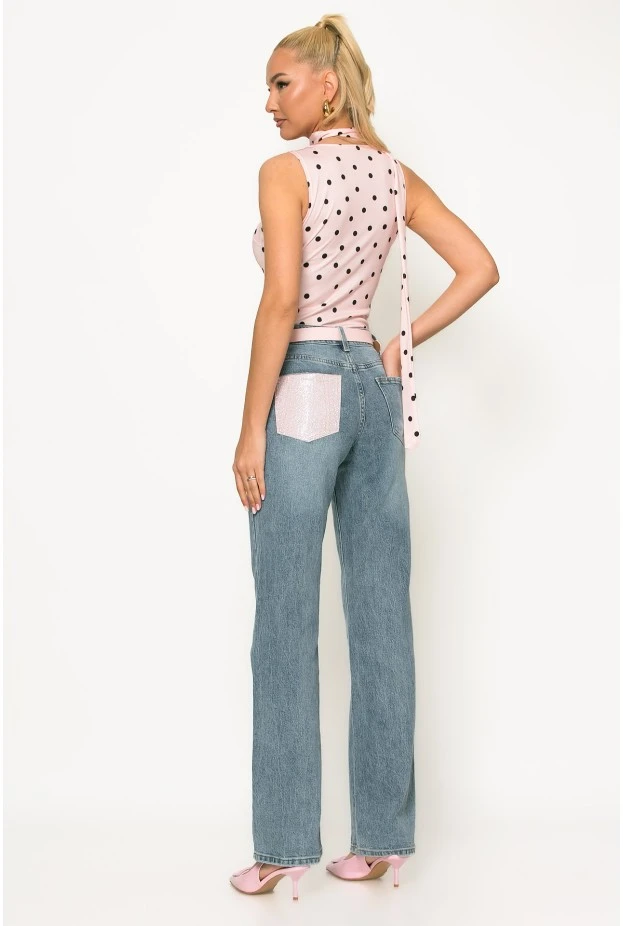 Jean straight leg με τσέπη απο strass μπλε