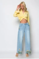 Jean wide leg με κεντητά flower σχέδια μπλε ανοιχτό
